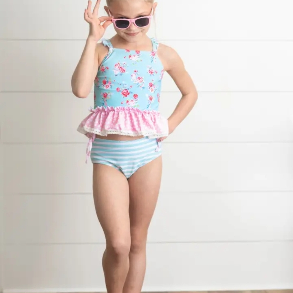Floral Blue and Pink Kids Swim Set